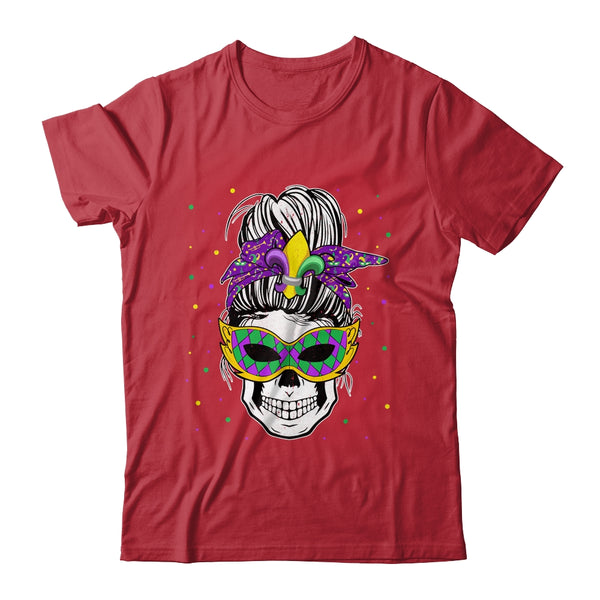 Messy Bun Hair Skull Mardi Gras Party For Women Classic T Shirt Red 600x.jpg