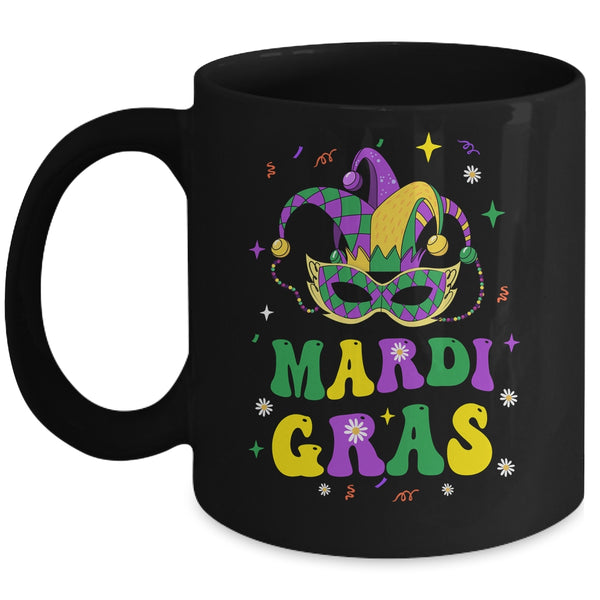 Groovy Mardi Gras Party Festival Kids Men Women Outfit Mug 11oz Mug Black front 600x.jpg