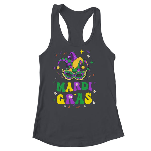 Groovy Mardi Gras Party Festival Kids Men Women Outfit Women s Ideal Racerback Tank Black 600x.jpg