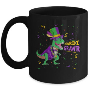 Mardi Gras Trex Dinosaur Lovers Boy Mardi Grawr Mug 11oz Mug Black front 600x.jpg