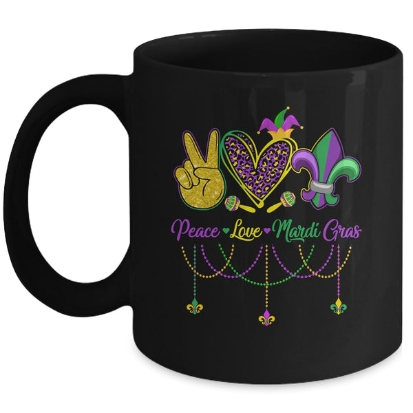 Peace Love Mardi Gras Leopard Heart Mardi Gras Festival Mug 11oz Mug Black front 600x 1.jpg