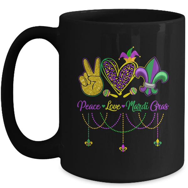 Peace Love Mardi Gras Leopard Heart Mardi Gras Festival Mug 15oz Mug Black front 600x 1.jpg