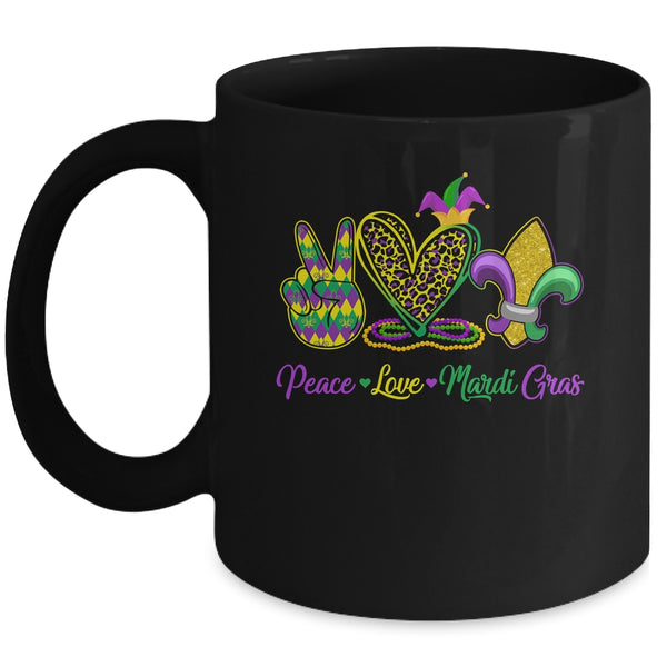 Peace Love Mardi Gras Beads For Women Carnival Parade Mug 11oz Mug Black front 600x.jpg