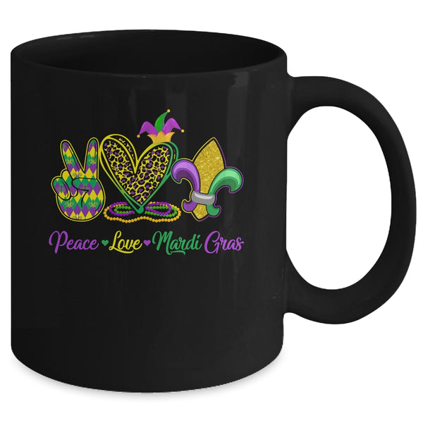 Peace Love Mardi Gras Beads For Women Carnival Parade Mug 11oz Mug Black back 600x.jpg