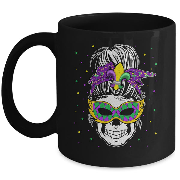 Messy Bun Hair Skull Mardi Gras Party For Women Mug 11oz Mug Black front 600x.jpg