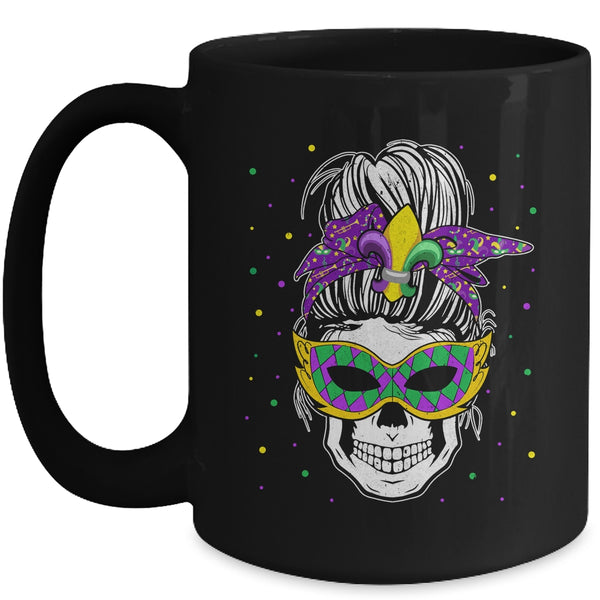 Messy Bun Hair Skull Mardi Gras Party For Women Mug 15oz Mug Black front 600x.jpg