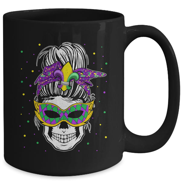 Messy Bun Hair Skull Mardi Gras Party For Women Mug 15oz Mug Black back 600x.jpg