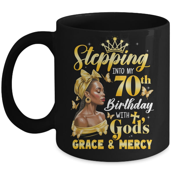 Stepping Into My 70th Birthday Afro Woman Religious Birthday Mug 11oz Mug Black front 600x.jpg
