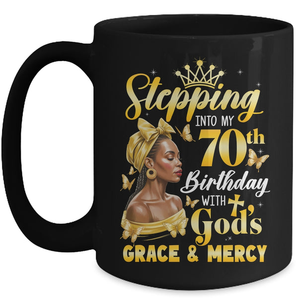 Stepping Into My 70th Birthday Afro Woman Religious Birthday Mug 15oz Mug Black front 600x.jpg