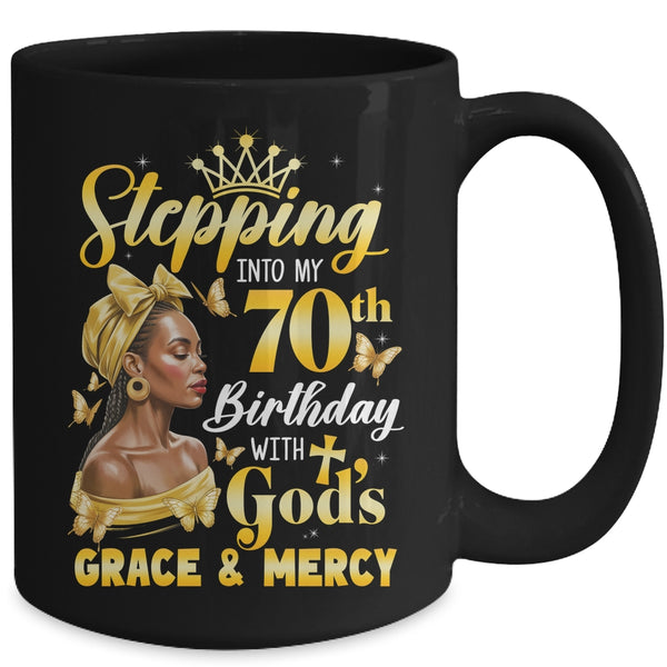 Stepping Into My 70th Birthday Afro Woman Religious Birthday Mug 15oz Mug Black back 600x.jpg