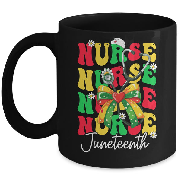 Juneteenth Nurse Groovy African Scrubs Top Bow Black Women Mug 11oz Mug Black front 600x 1.jpg