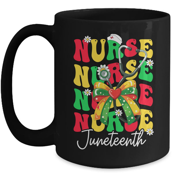 Juneteenth Nurse Groovy African Scrubs Top Bow Black Women Mug 15oz Mug Black front 600x 1.jpg