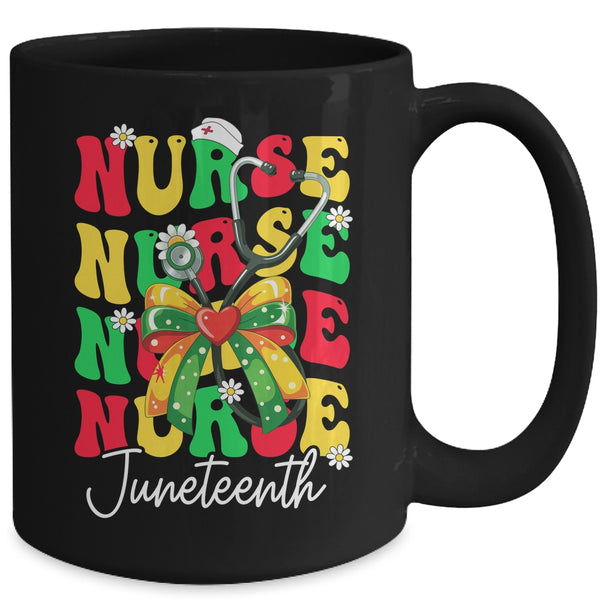 Juneteenth Nurse Groovy African Scrubs Top Bow Black Women Mug 15oz Mug Black back 600x 1.jpg