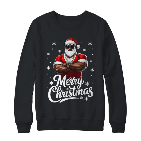 African American Santa Christmas Cool Afro Black Men Crewneck Sweatshirt Black 600x.jpg
