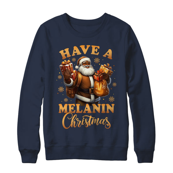 Have A Melanin Christmas African American Santa Afro Proud Crewneck Sweatshirt Navy 600x.jpg