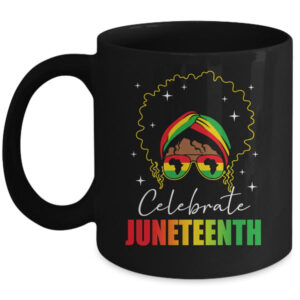 Juneteenth Outfit African Women Messy Bun Eye Glasses Mug 11oz Mug Black front 600x.jpg