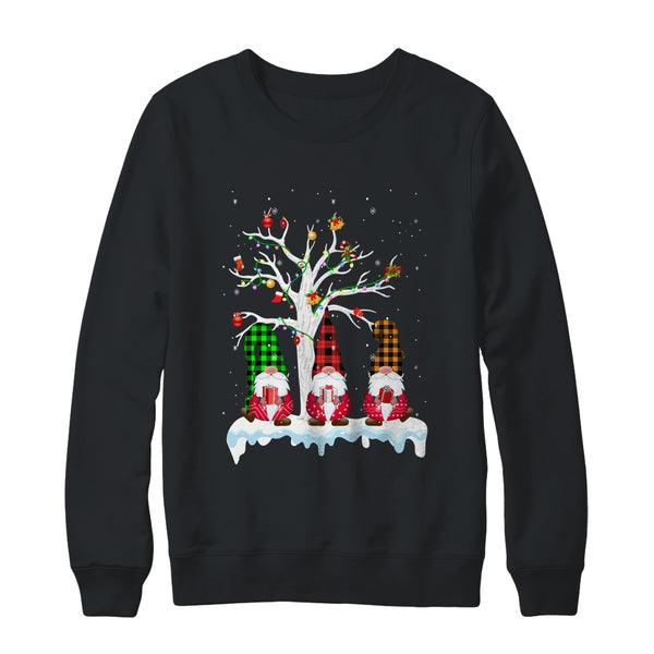 Cute Gnome Buffalo Plaid Christmas Tree Light Ugly Santa Hat Crewneck Sweatshirt Black 600x.jpg