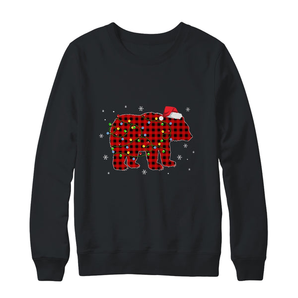 Red Plaid Bear Christmas Lights Santa Hat Pajamas Crewneck Sweatshirt Black 600x.jpg