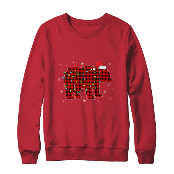 Red Plaid Bear Christmas Lights Santa Hat Pajamas Crewneck Sweatshirt Red 600x.jpg