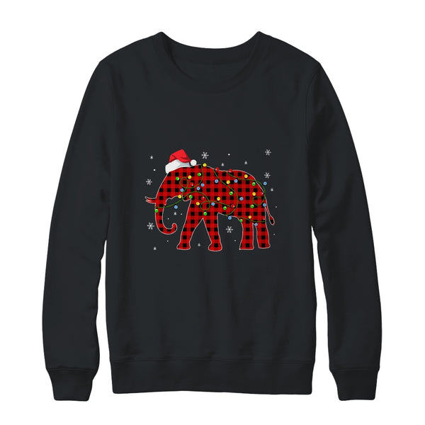 Red Plaid Elephant Christmas Lights Santa Hat Pajamas Crewneck Sweatshirt Black 600x.jpg