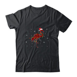 Red Plaid Flamingo Christmas Lights Santa Hat Pajamas Classic T Shirt Black 600x.jpg