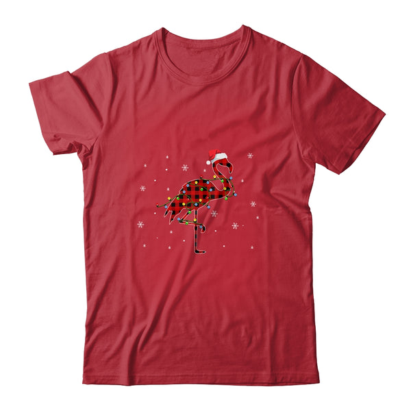 Red Plaid Flamingo Christmas Lights Santa Hat Pajamas Classic T Shirt Red 600x.jpg