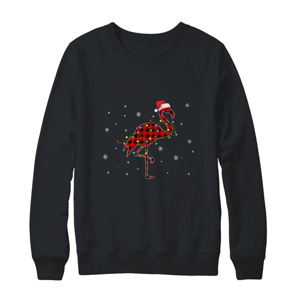Red Plaid Flamingo Christmas Lights Santa Hat Pajamas Crewneck Sweatshirt Black 600x.jpg