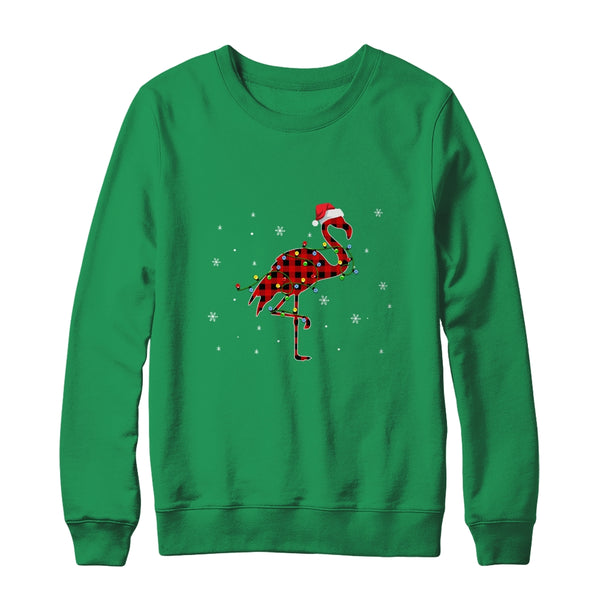 Red Plaid Flamingo Christmas Lights Santa Hat Pajamas Crewneck Sweatshirt Irish Green 600x.jpg