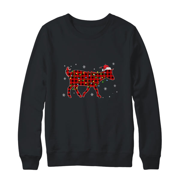 Red Plaid Goat Christmas Lights Santa Hat Pajamas Crewneck Sweatshirt Black 600x.jpg