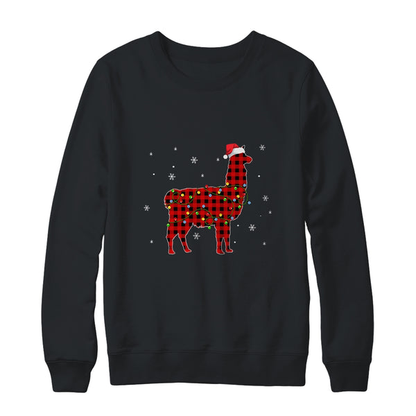Red Plaid Llama Christmas Lights Santa Hat Pajamas Crewneck Sweatshirt Black 600x.jpg