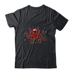 Red Plaid Octopus Christmas Lights Santa Hat Pajamas Classic T Shirt Black 600x.jpg