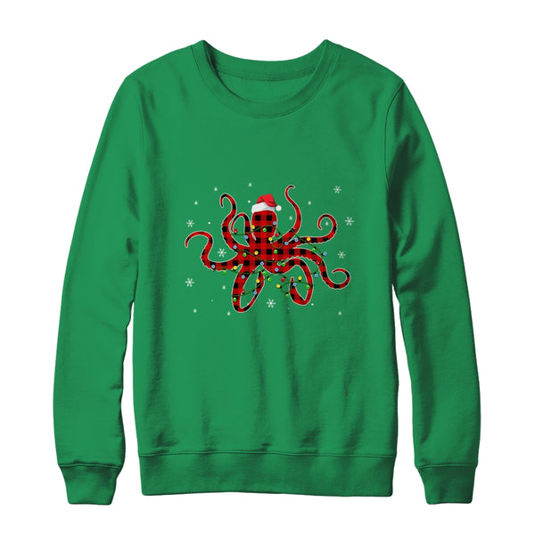 Red Plaid Octopus Christmas Lights Santa Hat Pajamas Crewneck Sweatshirt Irish Green 600x.jpg