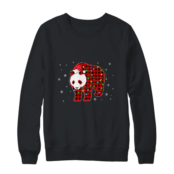Red Plaid Panda Bear Christmas Lights Santa Hat Pajamas Crewneck Sweatshirt Black 600x.jpg