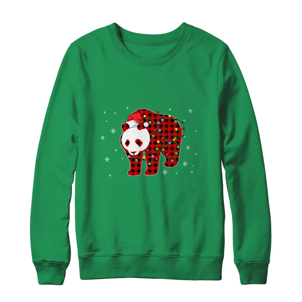 Red Plaid Panda Bear Christmas Lights Santa Hat Pajamas Crewneck Sweatshirt Irish Green 600x.jpg