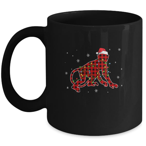 Red Plaid Monkey Christmas Lights Santa Hat Pajamas Mug 11oz Mug Black 600x.jpg