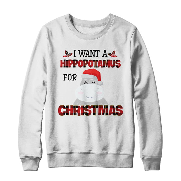 I Want A Hippopotamus For Christmas Hippo Buffalo Plaid Crewneck Sweatshirt White 600x.jpg