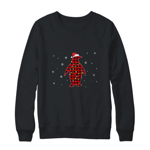 Red Plaid Penguin Christmas Lights Santa Hat Pajamas Crewneck Sweatshirt Black 600x.jpg