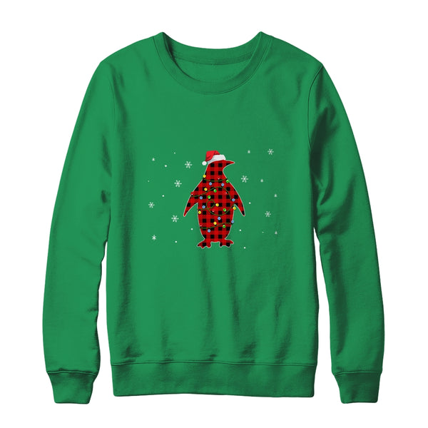 Red Plaid Penguin Christmas Lights Santa Hat Pajamas Crewneck Sweatshirt Irish Green 600x.jpg