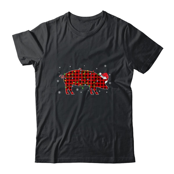 Red Plaid Pig Christmas Lights Santa Hat Pajamas Classic T Shirt Black 600x.jpg