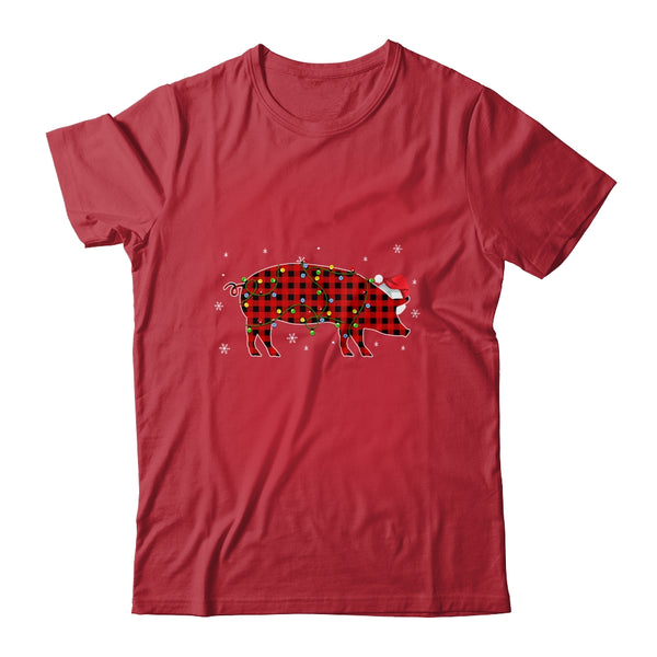Red Plaid Pig Christmas Lights Santa Hat Pajamas Classic T Shirt Red 600x.jpg
