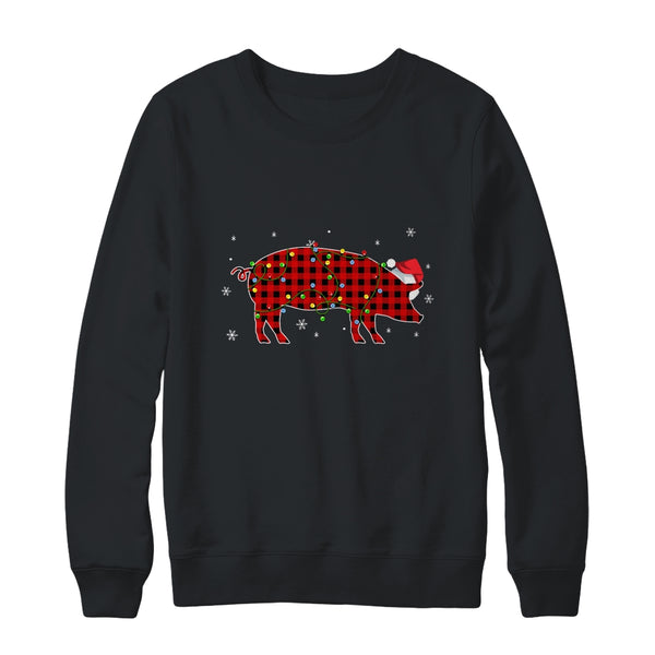 Red Plaid Pig Christmas Lights Santa Hat Pajamas Crewneck Sweatshirt Black 600x.jpg