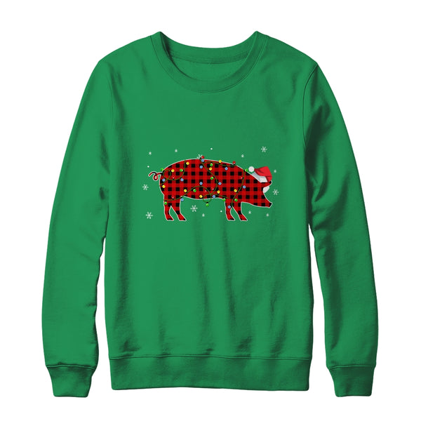 Red Plaid Pig Christmas Lights Santa Hat Pajamas Crewneck Sweatshirt Irish Green 600x.jpg