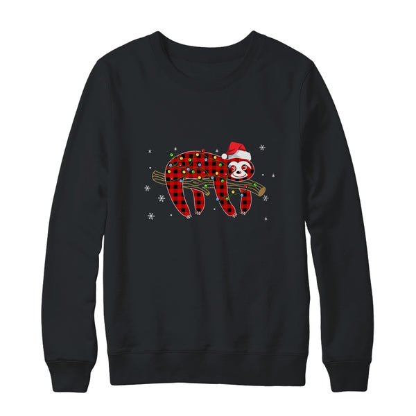 Red Plaid Sloth Christmas Lights Santa Hat Pajamas Crewneck Sweatshirt Black 600x.jpg