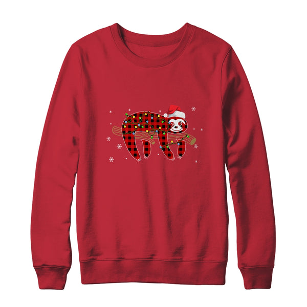Red Plaid Sloth Christmas Lights Santa Hat Pajamas Crewneck Sweatshirt Red 600x.jpg