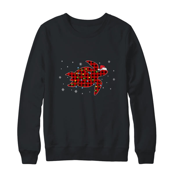 Red Plaid Turtle Christmas Lights Santa Hat Pajamas Crewneck Sweatshirt Black 600x.jpg