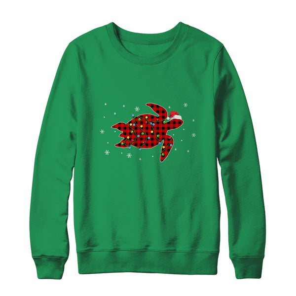 Red Plaid Turtle Christmas Lights Santa Hat Pajamas Crewneck Sweatshirt Irish Green 600x.jpg