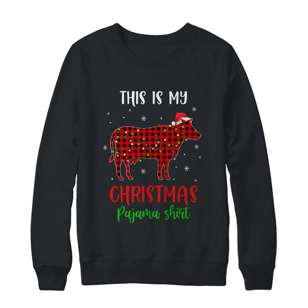 This Is My Christmas Pajama Shirt Cow Red Plaid Crewneck Sweatshirt Black 600x.jpg