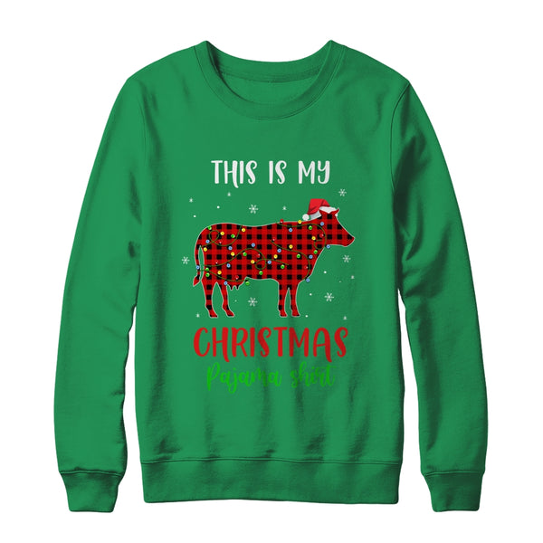 This Is My Christmas Pajama Shirt Cow Red Plaid Crewneck Sweatshirt Irish Green 600x.jpg