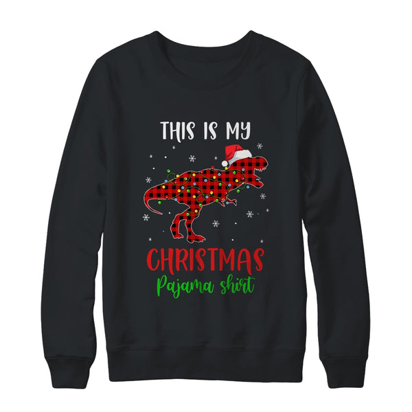 This Is My Christmas Pajama Shirt Dinosaur Red Plaid Crewneck Sweatshirt Black 600x.jpg