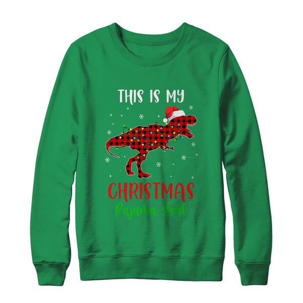 This Is My Christmas Pajama Shirt Dinosaur Red Plaid Crewneck Sweatshirt Irish Green 600x.jpg